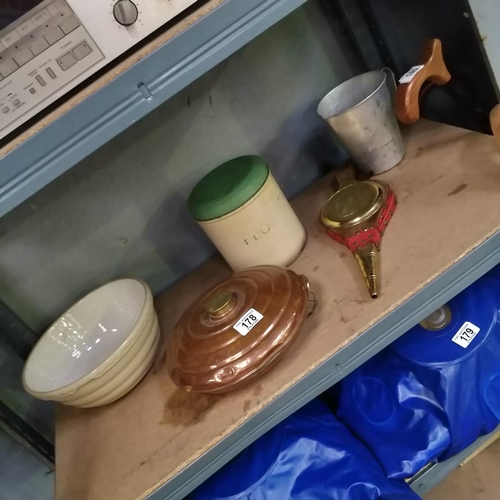 178 - Shelf Lot Including Copper Water Bottle, Mixing Bowl, Bellow & Others