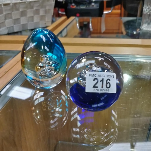 216 - 2 Coloured Glass Paper Weight