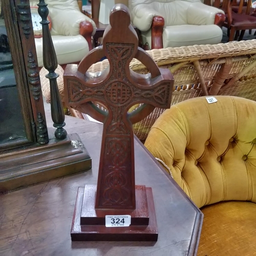 324 - Lovely Carved Wooden Celtic Cross On Stand