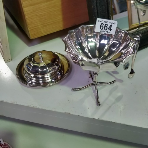 664 - Antique Silver Plated Sugar Bowl, Tongs & Butter Dish