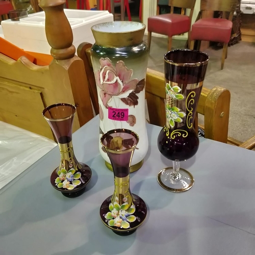 249 - Lot Of Coloured Glassware & Handpainted Vase