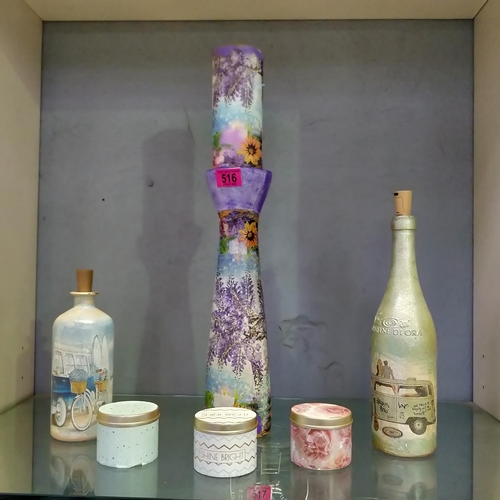 516 - Selection Of Candles Inc Tall Candle holder & Decorative Bottles