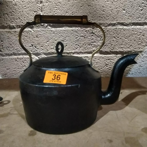 36 - Old Balck Kettle With Brass Handle