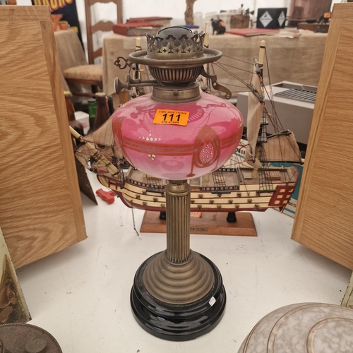 111 - A Lovely Brass Oil Lamp With Beautiful Pink Bowl