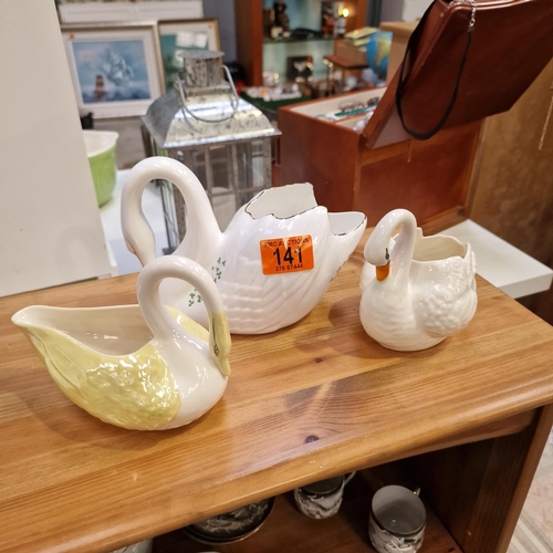 141 - 3 Irish Porcelain Swans Including Belleek