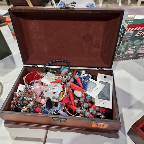 304 - Lovely Wooden Box With Costume Jewellery