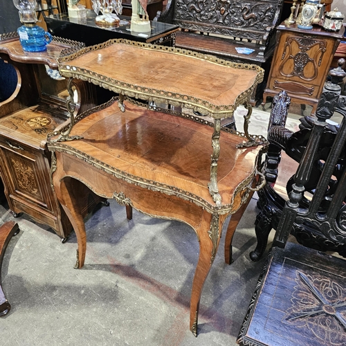 1126 - Antique French Styled 2 Tier Parquetry Inlaid Side Table With Decorative Brass Trim