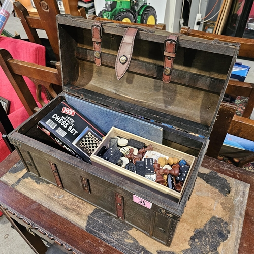 38 - Small Wooden Chest With Chess Pieces, Dominos etc Inside