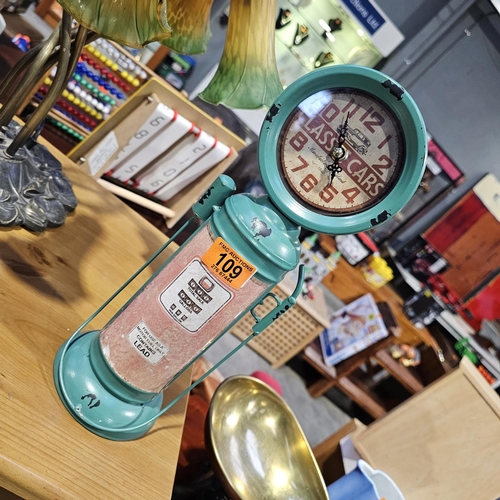 109 - Tin Clock In the Form Of A 36cm Petrol Pump PWO