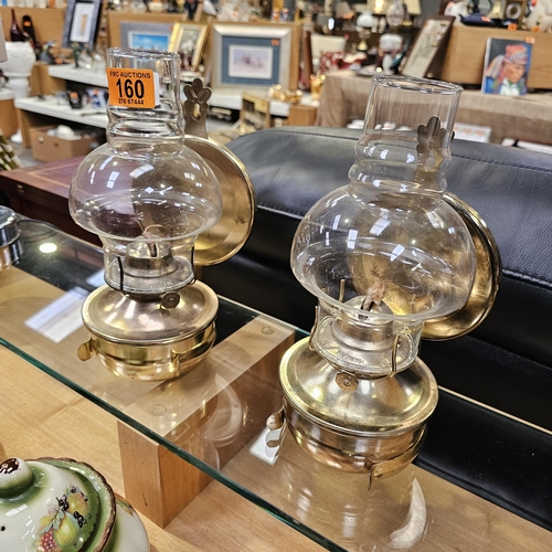 160 - Pair Of Brass Wall Hanging Oil Lamps