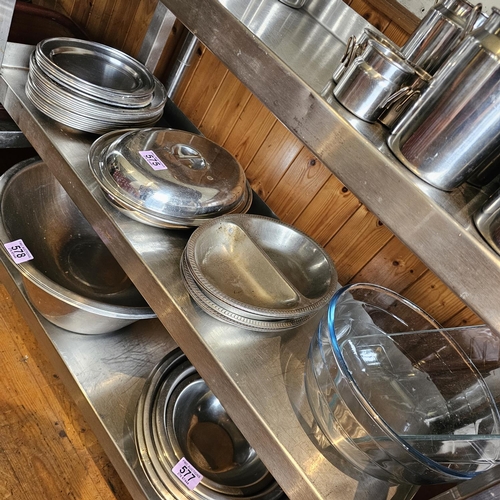 575 - Shelf Lot Of Steel Trays, Glass Bowls Etc;