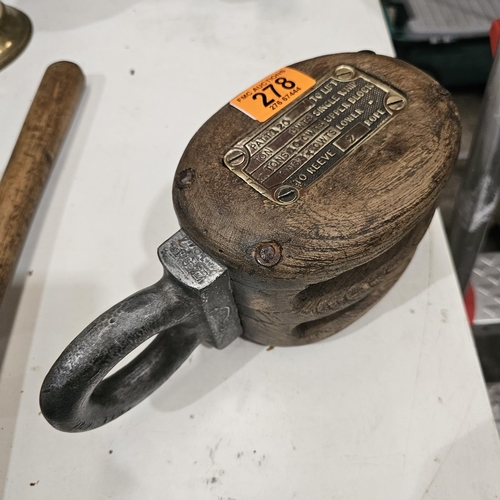 278 - Old Wooden 2 Rope Pulley With Brass Wheels