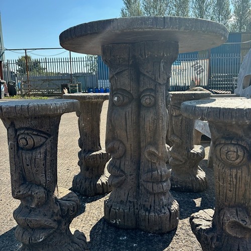 73A - An Ornate Concrete High Garden Table & 4 Matching High Stools, Depiciting Easter Heads