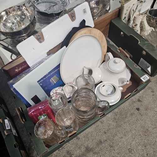 513 - Box Lot Inc Large Tankards, Weighing Scales, Cheese Board etc