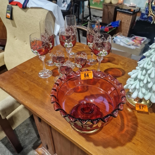 84 - A Good Lot Of Assorted Vintage Cranberry Glass Goblets Gold Accent With Flowers & Bowl