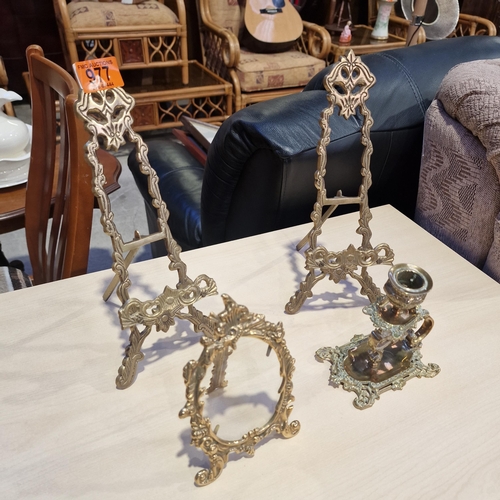 977 - A Pair Of Brass Easels & Brass Candle Holder