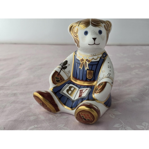 131 - Royal Crown Derby Schoolgirl Teddy ceramic paperweight. Gold RCD stopper - First quality. Excellent ... 