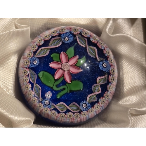 160 - Jay Glass paperweight. Pink flower & Garlands on blue. By John Deacons & Allan Scott c1979 Very good... 