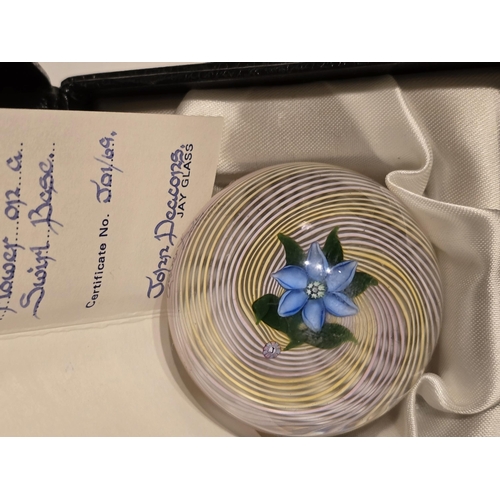 163 - Jay Glass paperweight. Blue flower on  swirl. By John Deacons & Allan Scott 1978 Very good condition... 