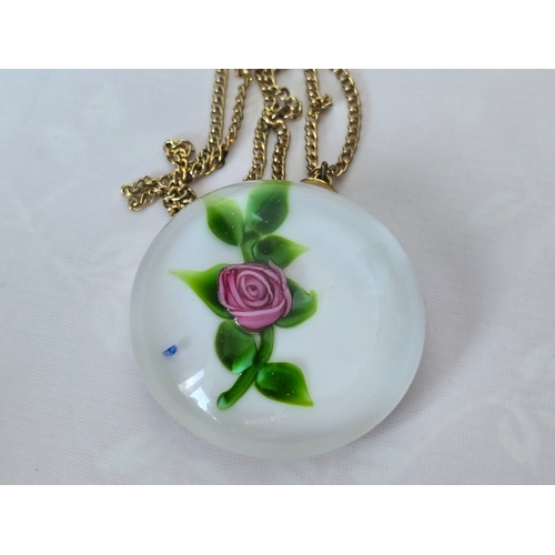 149 - Necklace/Pendant Paperweight jewellery/jewelry (glass) by Bob Banford. Dark pink rose with green lea... 
