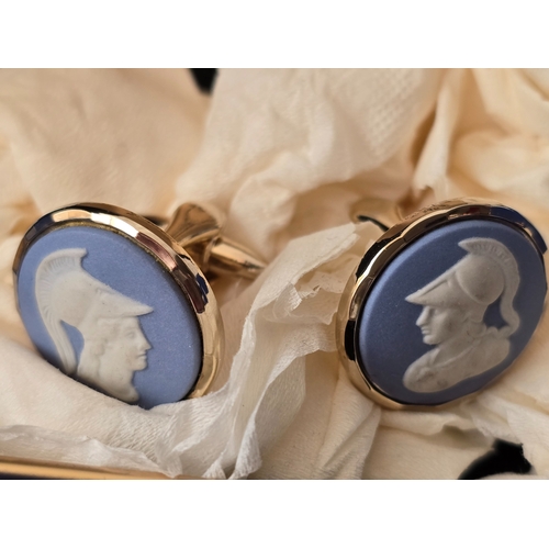152 - Wedgwood pair Cufflinks - Quality retro blue jasperware, of Greek/Roman centurians heads. On gold su... 