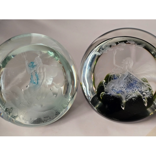 169 - Two large Caithness engraved paperweights. Mermaid and Neptune. Engraved by artist on front window. ... 