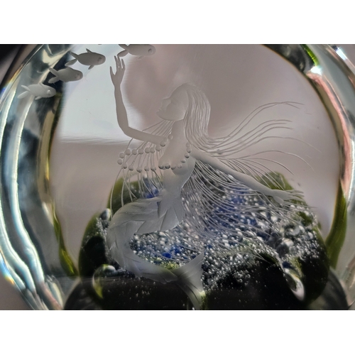 169 - Two large Caithness engraved paperweights. Mermaid and Neptune. Engraved by artist on front window. ... 