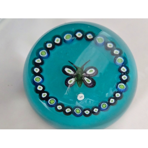 175 - William Manson Snr. paperweight: Butterfly with Iridescent green body, and purple edged wings. Plus ... 