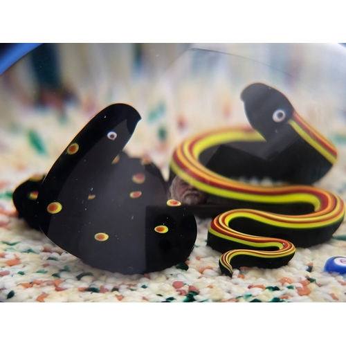 178 - Bob Banford paperweight - Duelling Snakes. Vivid striped and spotted lampworked snakes on light sand... 