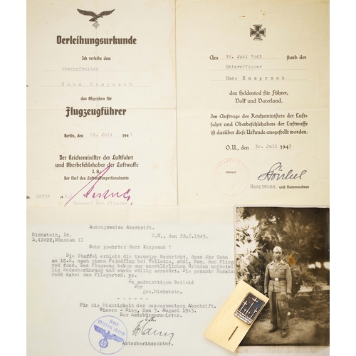 341 - German Third Reich WW2 Luftwaffe Casualty Pilot Award Documents, Letters etc. A selection of documen... 