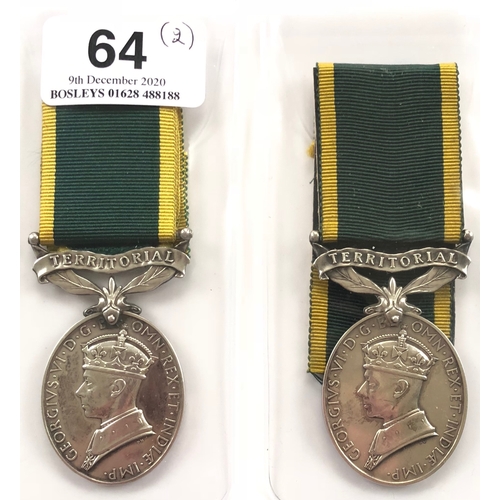 64 - King’s Liverpool Regiment George VI Territorial Efficiency Medal  Awarded to “5725823 PTE R.S. FIELD... 