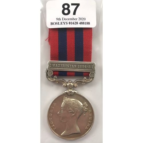 87 - 12th Madras Infantry, 1854 India General Service Medal, clasp “Waziristan 1894-5”  Awarded to “965 S... 