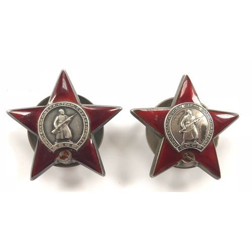 99 - Soviet Russia. 2 x Order of the Red Star  Silvered and red enamel examples with Monetny Dvor mint ma... 