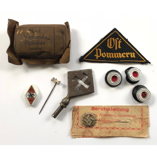 361 - German Third Reich assorted badges and stickpins  Good Hitler Youth cloth triangle embroidered in go... 