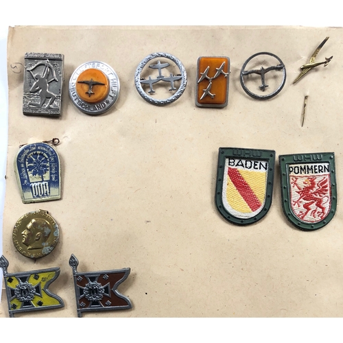 367 - German Third Reich card of 21 stickpins, tinnies etc.  Enamelled NSDAP membership badge - similar fo... 