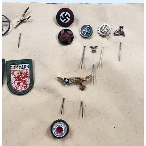 367 - German Third Reich card of 21 stickpins, tinnies etc.  Enamelled NSDAP membership badge - similar fo... 