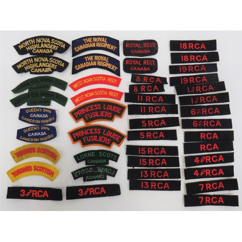 24 - Good Selection of Canadian Cloth Shoulder Titles pairs include 4 MED RCA ... 1 SVY RCA ... 6 A/T RCA... 