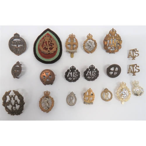 56 - Small Selection of Women's Badges cap badges include brass WAAC ... Brass KC Queen Mary's AAC ... Br... 