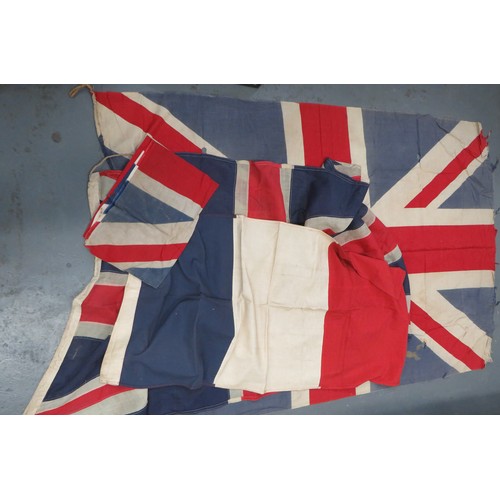 143 - Four Various WW2 Period Flags consisting 47 x 68 inch, printed cotton Union Jack. Some damage ... 34... 