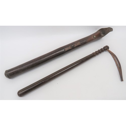 144 - Mounted Police Truncheon In Case 24 inch, lignum vitae, turned wooden truncheon. Leather wrist strap... 