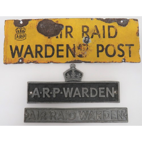 155 - Three Various WW2 ARP Warden Signs consisting 12 x 4 inch, yellow enamel, wall sign with black lette... 