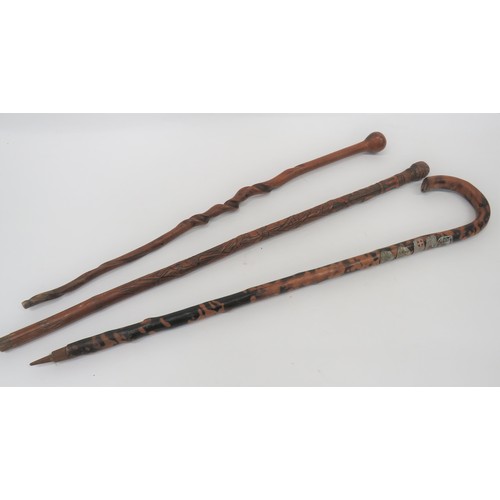 168 - Three Various Walking Sticks consisting Japanese example in carved bamboo with Japanese warriors in ... 