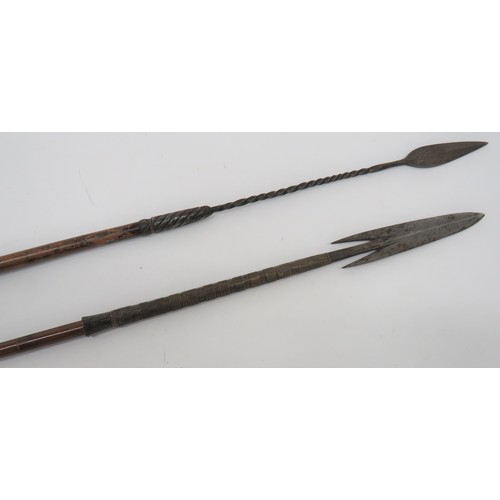 179 - Two 19th Century African Spears consisting double edged, leaf head with lower twisted shaft. Twisted... 