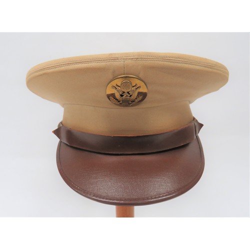 264 - WW2 American USAAF NCO's Summer Cap light, khaki tan, cotton crown and body. Brown, polished leather... 