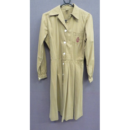 313 - WW2 Pattern NAAFI Dress light khaki cotton, full length dress. Front fastened by white composite but... 