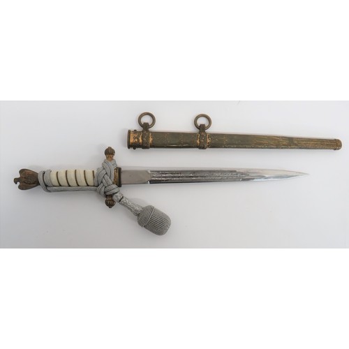 398 - German Third Reich Navy Officer's Dagger 10 inch, double edged blade with narrow fullers. Etched Nav... 