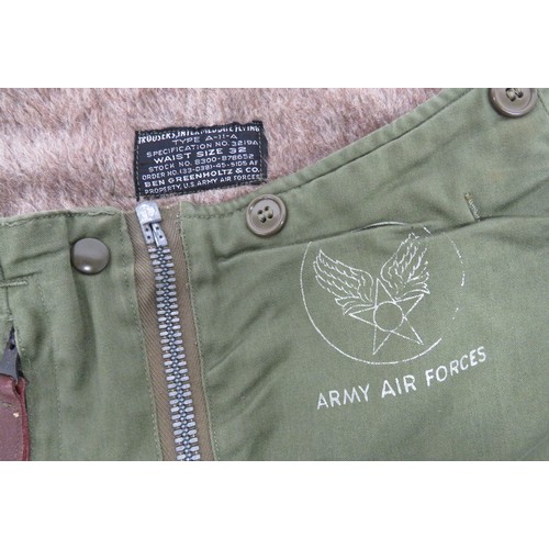 418 - Pair of USAAF Type A-11-A Flying Trousers green cotton trousers. Full leg zips. Various leg pockets.... 