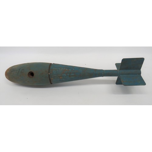 428 - RAF Issue Practice Bomb 23 inch, blue painted, conical bomb. Four rear tail fins. Original stencille... 