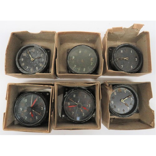 431 - Six Various MKIIA RAF Aircraft Dashboard Clocks blackened body with top winding bezel. Face with lum... 