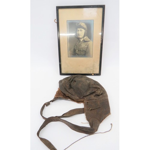 438 - Attributed WW1 RFC Leather Flying Helmet and Photo brown leather, four panel crown. Small, fold up f... 